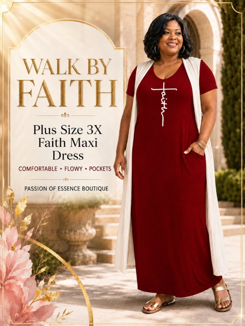 Burgundy Faith Cross V Neck Pocket Maxi Dress Plus Size 3XL